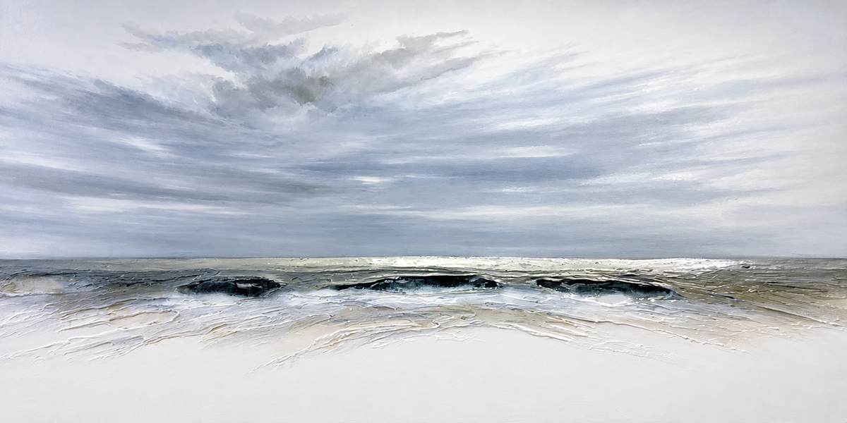 Ewaldi artwork: A low, dark ribbon of rough surf meets a pale beach beneath an expansive silver-grey sky streaked.