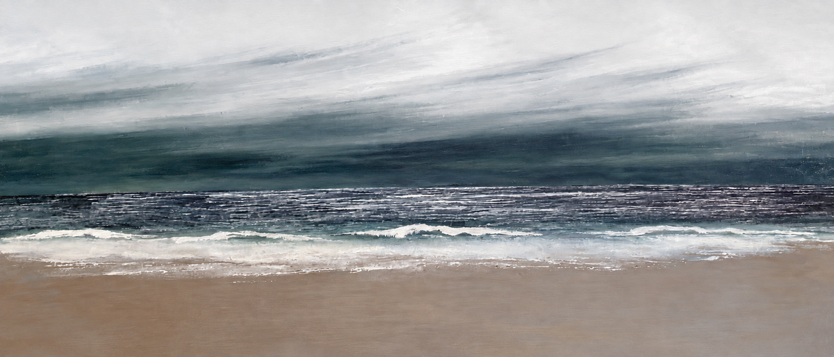 Ewaldi artwork: A narrow white surf line cuts across a nearly black teal sea beneath an expansive grey-blue sky and a smooth.