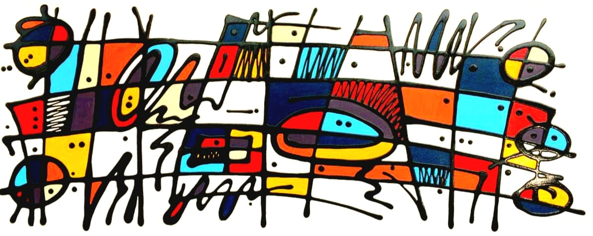 Ewaldi artwork: A playful long rectangle of intersecting black lines contains irregular red, yellow.