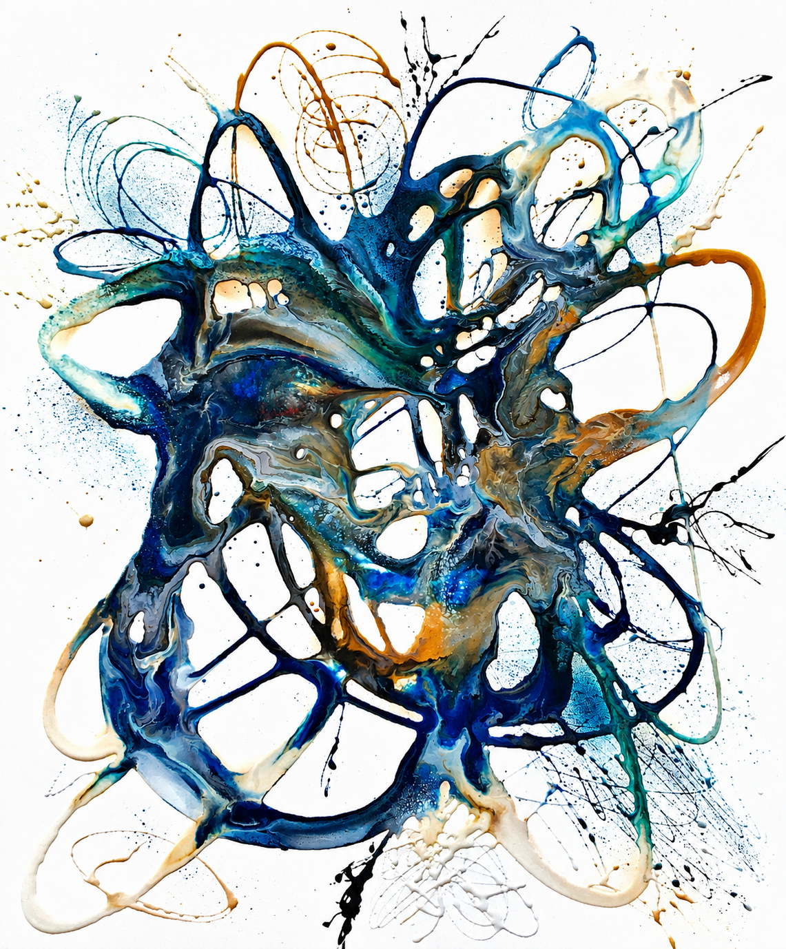 Ewaldi artwork: A vertical tangle of fluid blue and teal loops with dark.