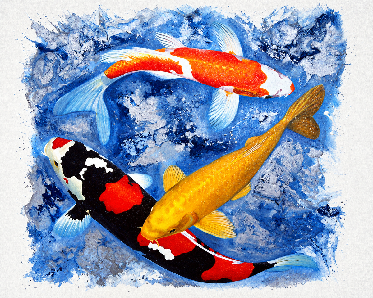 Ewaldi artwork: Three koi—a red-and-white fish, a golden fish and a black-red-white fish—turn across a square area.