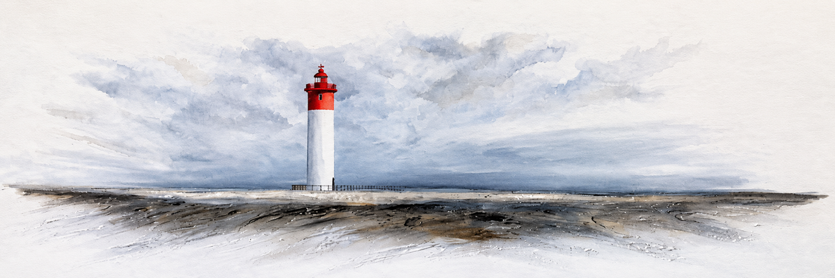 Ewaldi artwork: A slim white lighthouse with a red roof stands alone on a far horizon under wide cloud-streaked grey skies.