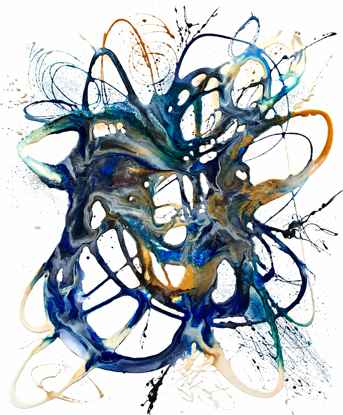 Ewaldi artwork: Interwoven loops of dark navy, teal and ochre-gold paint spiral around an irregular light centre.