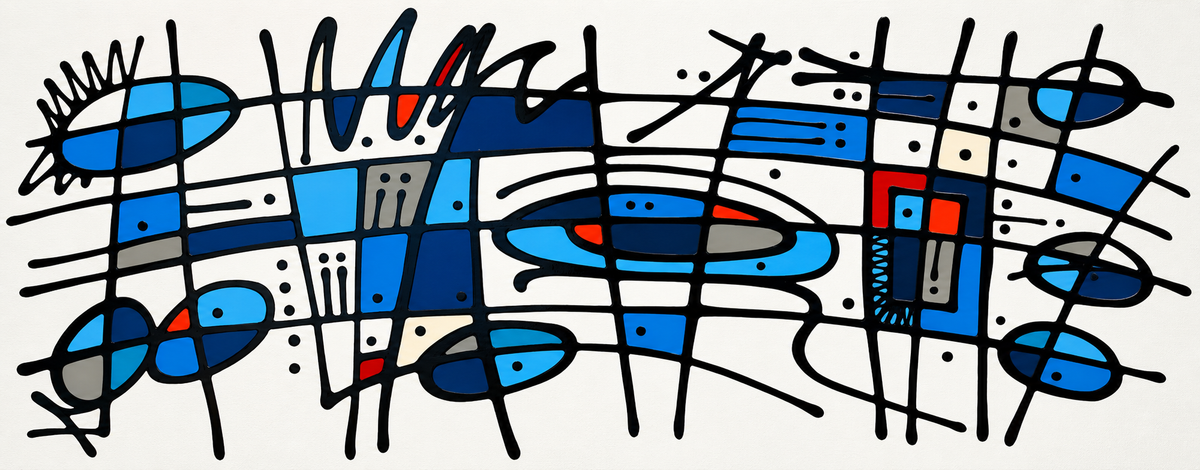Ewaldi artwork: A long horizontal arrangement of black hand-drawn grid lines, oval outlines.