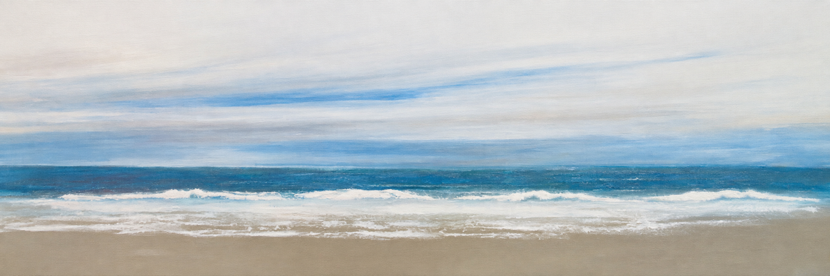 Ewaldi artwork: A slim bright-turquoise ocean band and small white waves sit beneath an almost cloudless brushed.