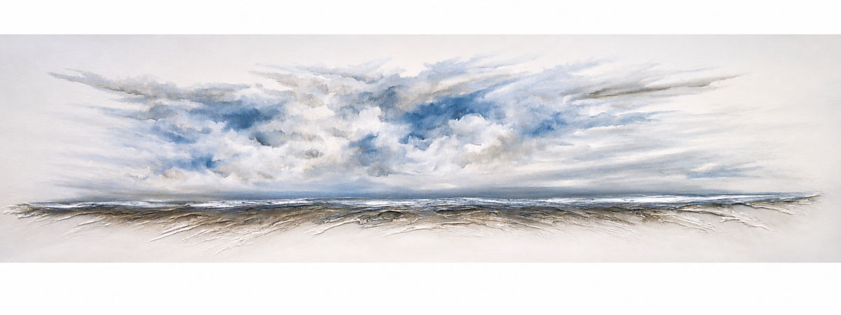 Ewaldi artwork: A long band of gathering grey-blue clouds floats above a thin broken line of sea and sandy shore.