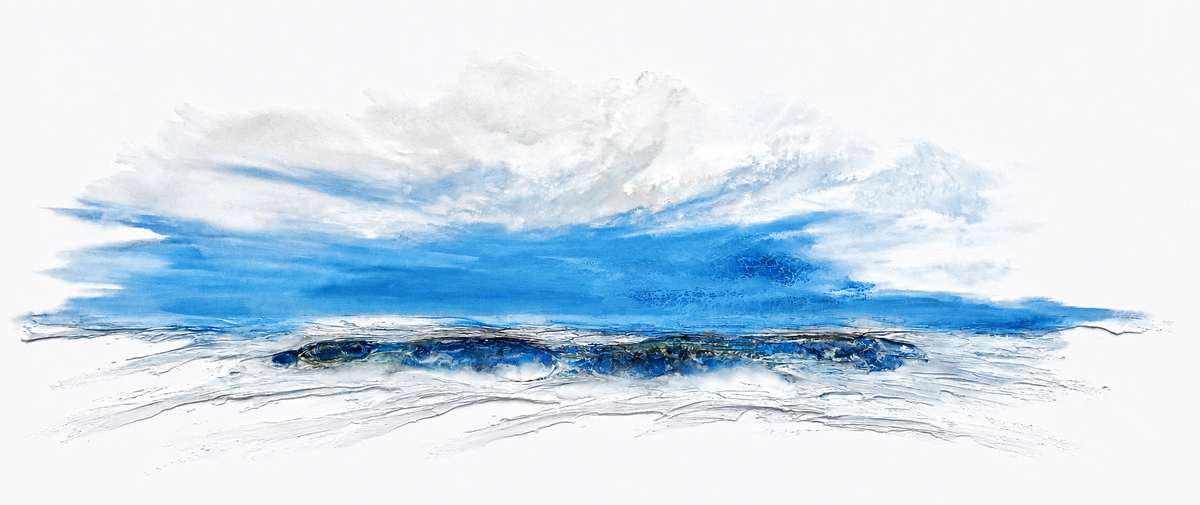 Ewaldi artwork: A slim, sweeping blue sea band stretches across a wide white ground.