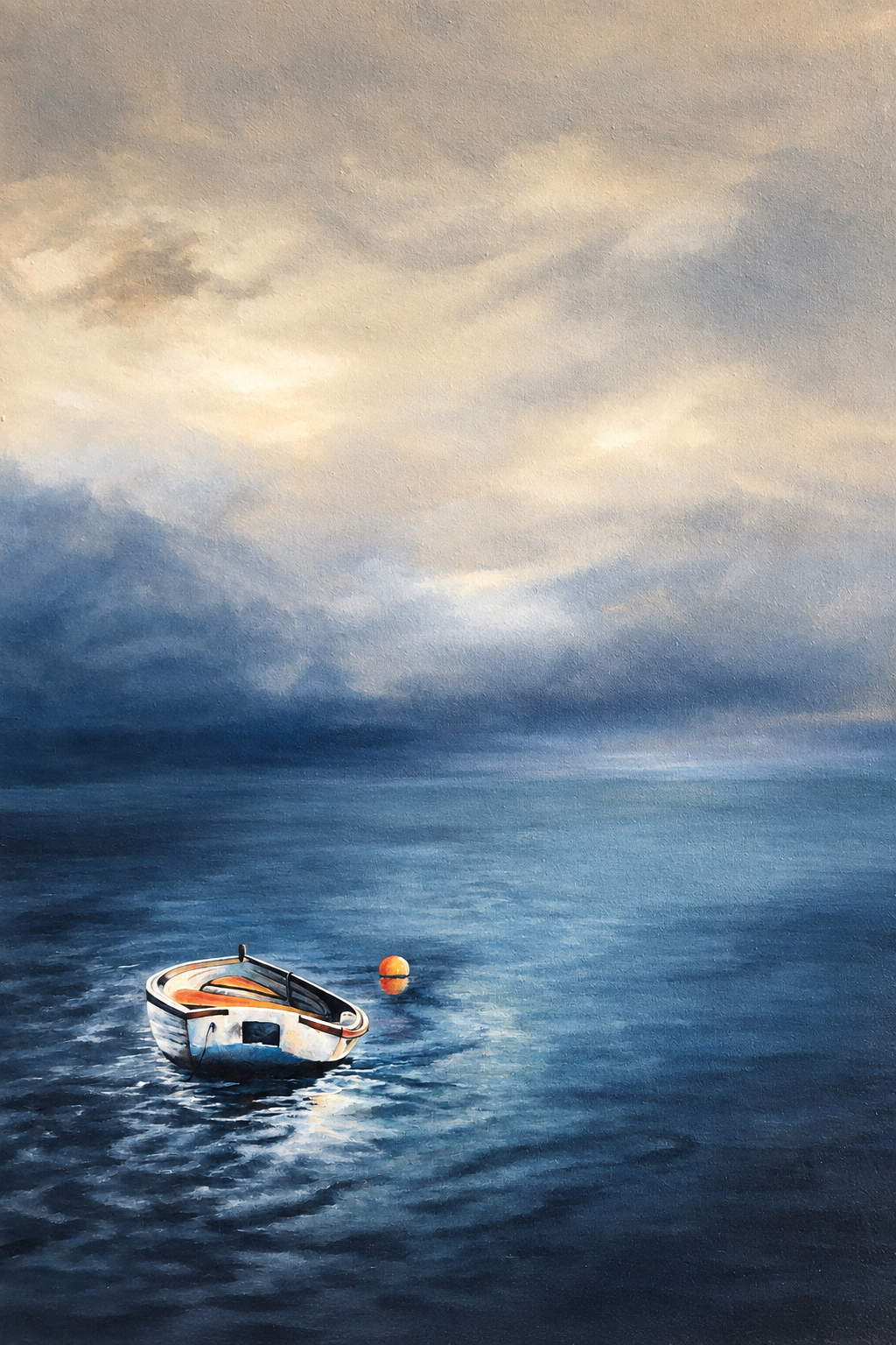 Ewaldi artwork: A small solitary boat rests near the bottom of a broad vertical sea view beneath overcast.