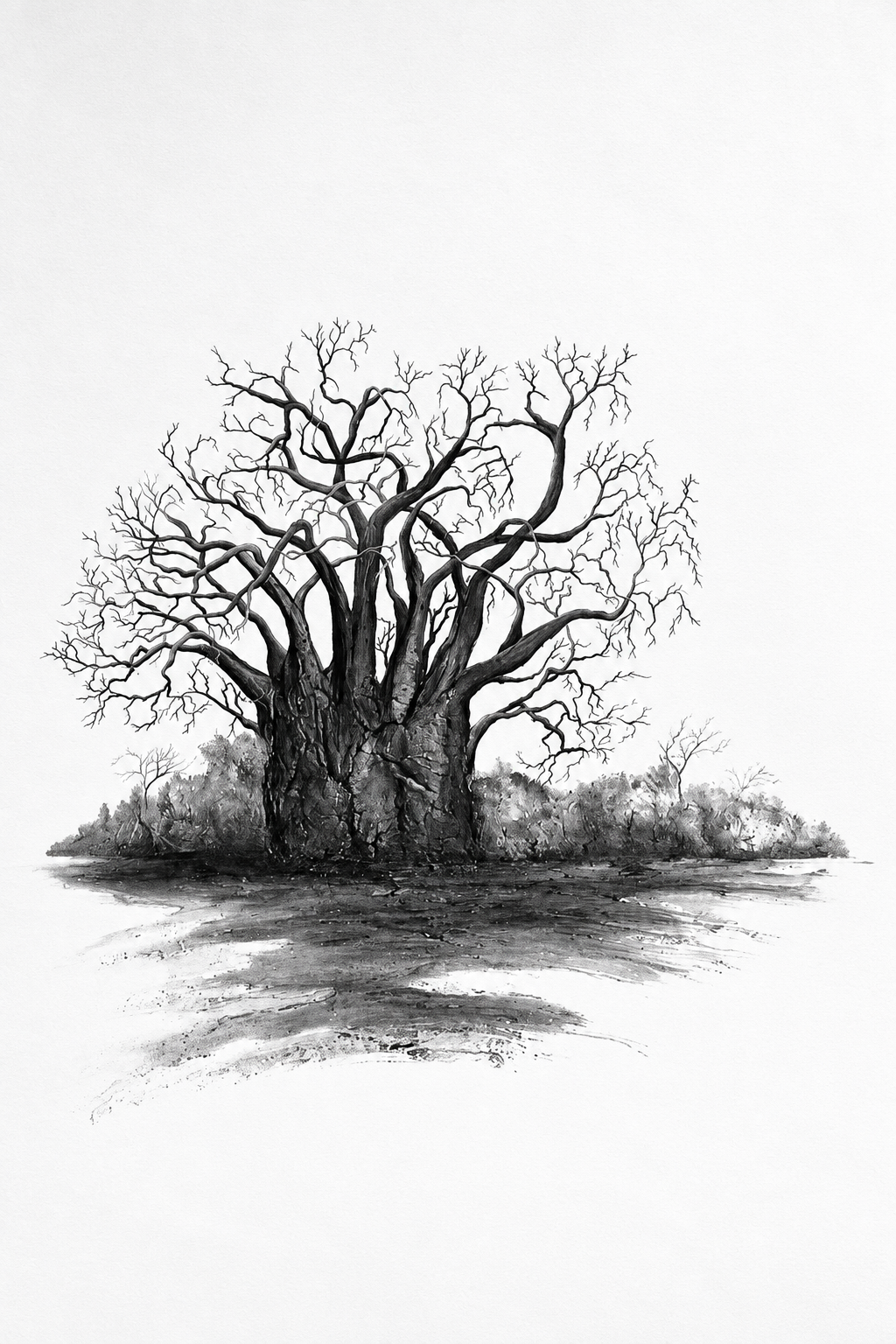 Ewaldi artwork: A single leafless baobab with knotted trunk and fine branching canopy is rendered in black and grey on white.