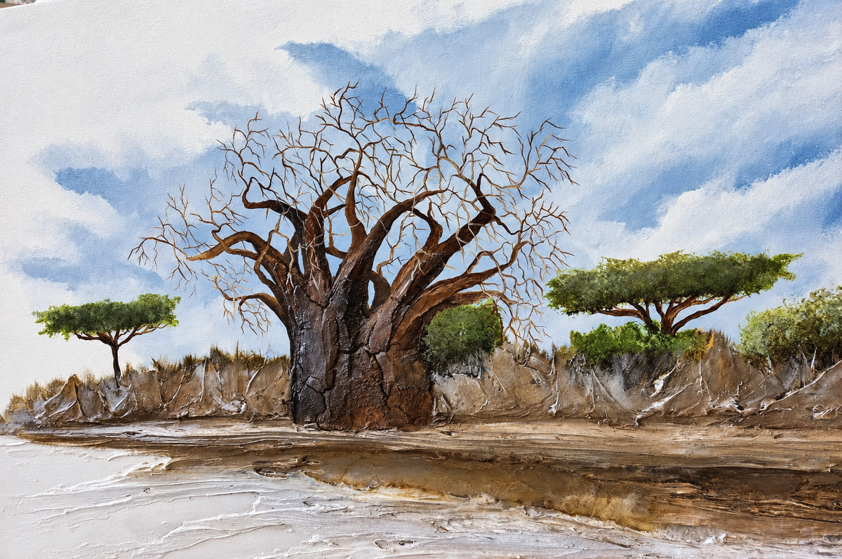Ewaldi artwork: A broad, old baobab with bare branching limbs stands among smaller acacias on a sandy.