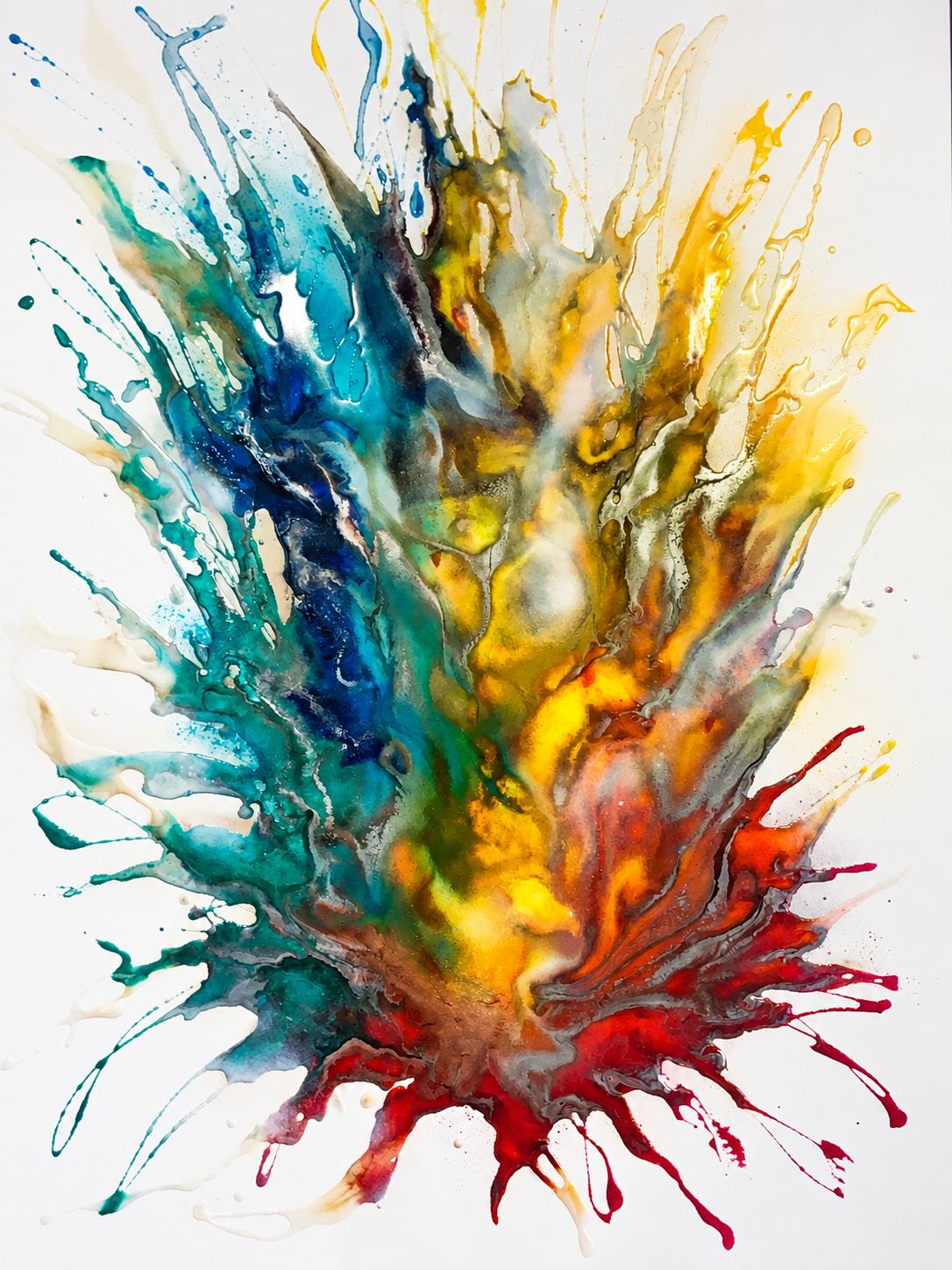 Ewaldi artwork: A vertical explosion of turquoise and blue splashes rising into golden-yellow and red-orange accents.
