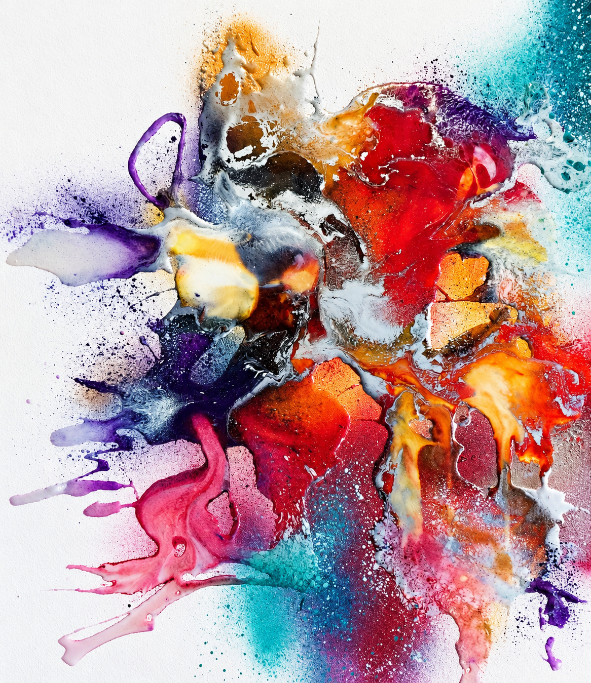 Ewaldi artwork: An upright eruption of scarlet, orange, violet and teal pigments tumbles downward across an open white.