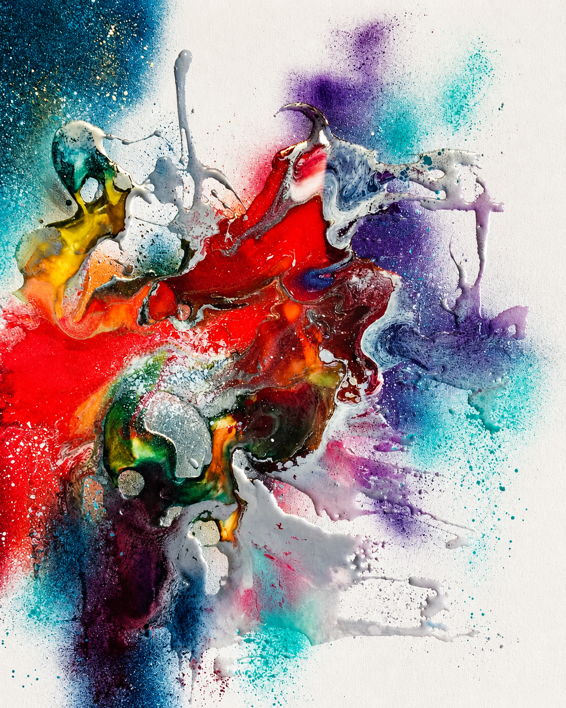 Ewaldi artwork: Red and purple paintlike clusters burst through the centre of a vertical canvas.