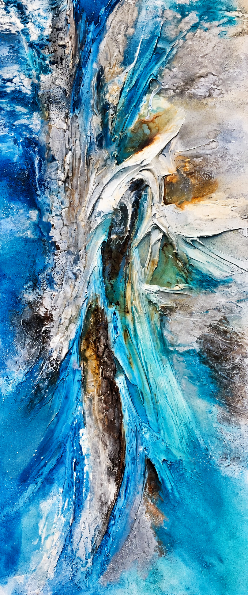 Ewaldi artwork: A very narrow upright abstract is filled with sharp blue-and-white upward sweeps.