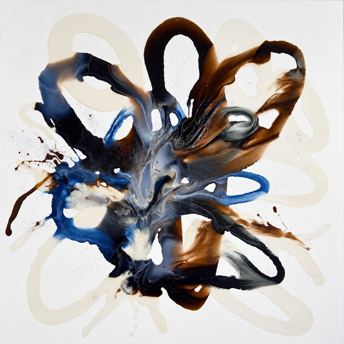 Ewaldi artwork: Looping ink-brown ribbons and navy-blue strokes cross a white square.