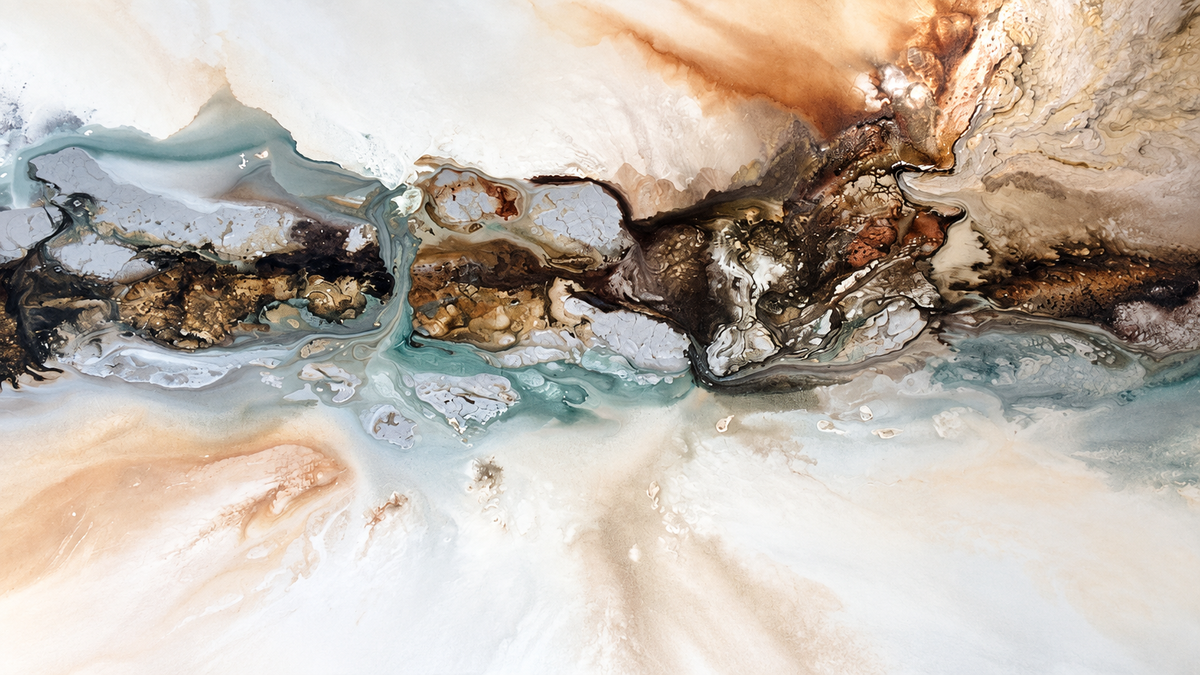 Ewaldi artwork: A long narrow strip of dark rocky-looking texture crosses a luminous pale field.