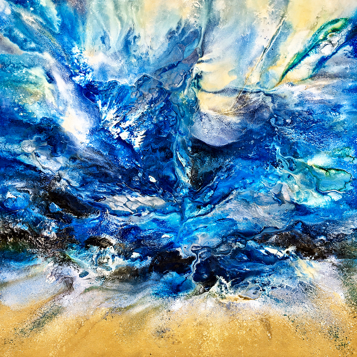 Ewaldi artwork: A concentrated mass of deep-blue fluid-like strokes surges diagonally across a pale ground.