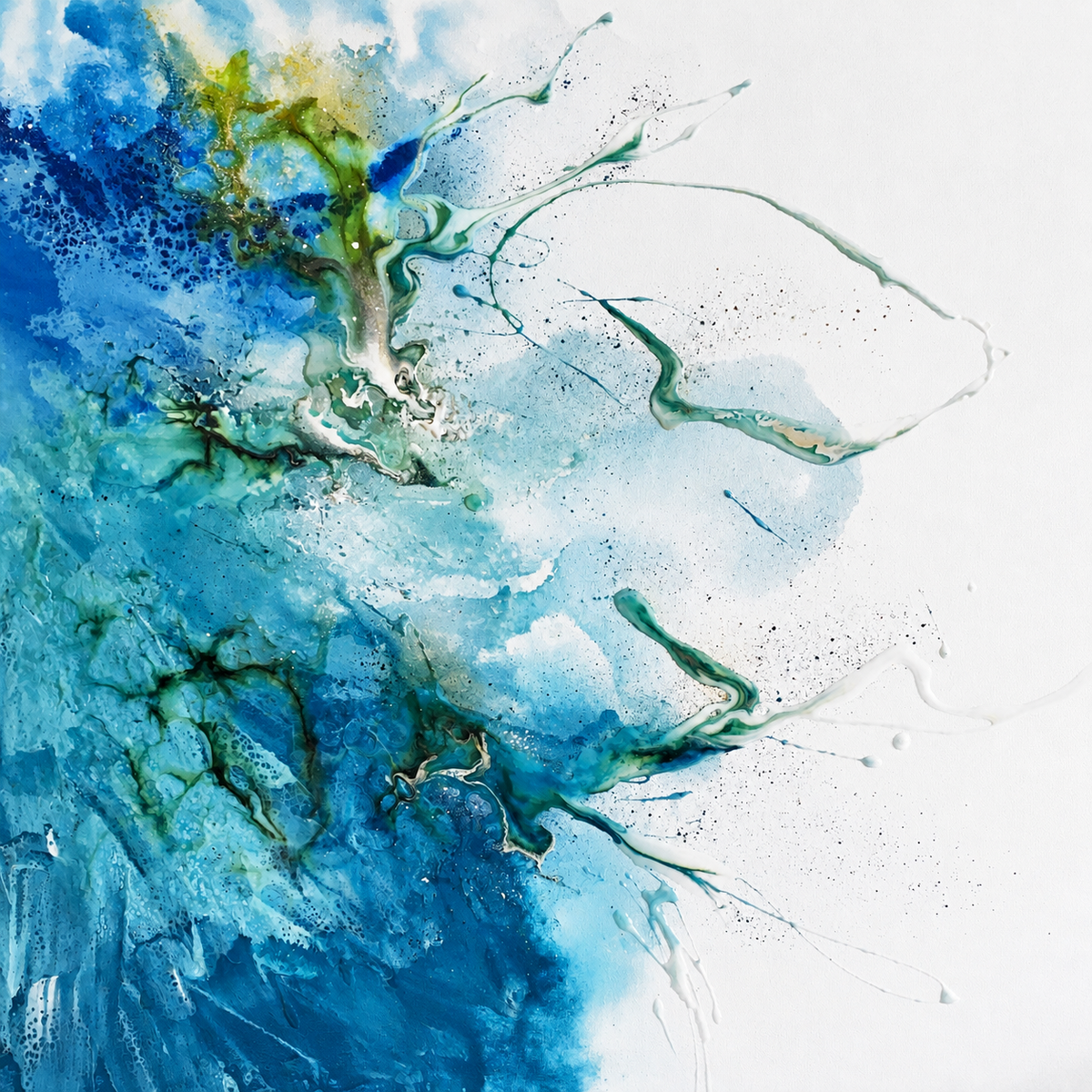 Ewaldi artwork: A loose blue-green nebula of liquid-looking colour drifts across a light ground.