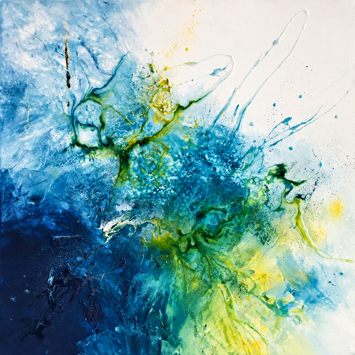 Ewaldi artwork: A blue-turquoise fluid bloom with lime-green and yellow-green veins sweeps diagonally through a light.