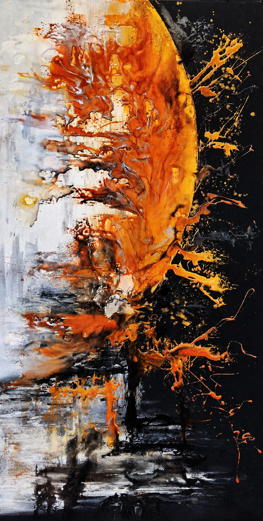 Ewaldi artwork: A narrow vertical band of fiery orange foliage-like marks and black tree shapes rises through a largely dark.