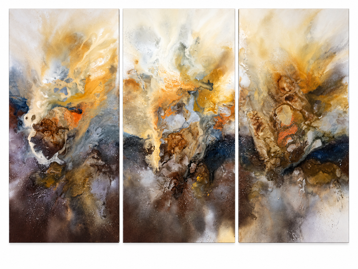 Ewaldi artwork: Three tall adjacent panels display fiery ochre clouds, smoky charcoal and brown fluid bursts on pale grounds.