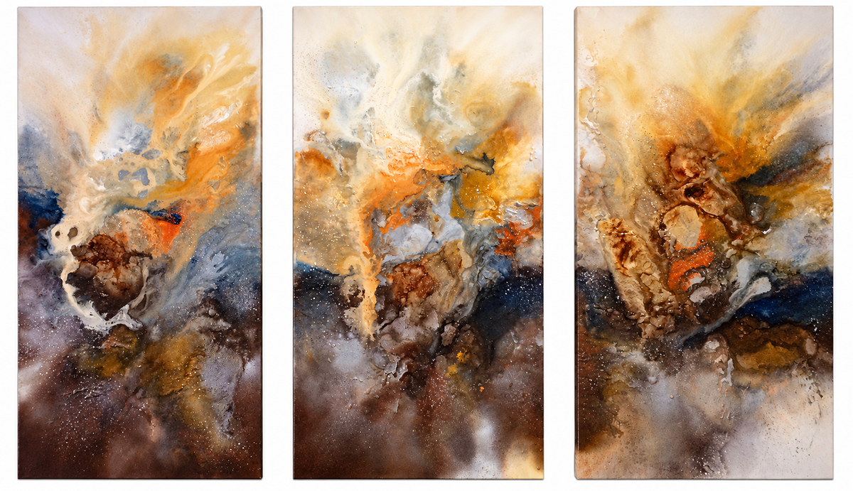 Ewaldi artwork: Three narrow vertical panels show related orange-gold and smoky brown fluid blooms over pale textured.