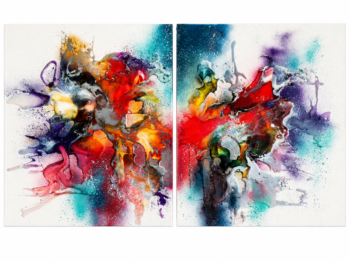 Ewaldi artwork: Two separate tall colourful fluid artworks are displayed side by side, with red, orange.