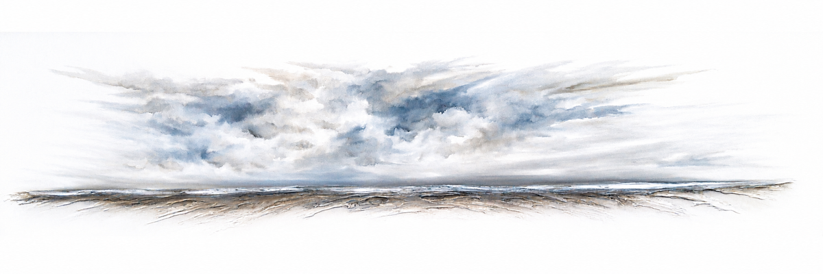 Ewaldi artwork: A long feathery bank of blue-grey clouds hovers above a barely visible thin sea horizon.