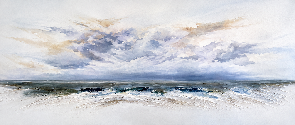 Ewaldi artwork: A long, understated coastal horizon separates delicate grey-blue sky from pale sandy surf and a thin dark.