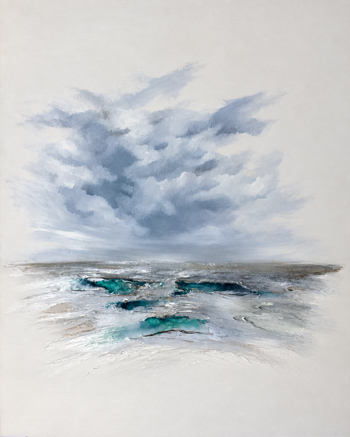 Ewaldi artwork: A narrow strip of storm-grey ocean and teal waves rests beneath a tall column of sweeping pale blue clouds.
