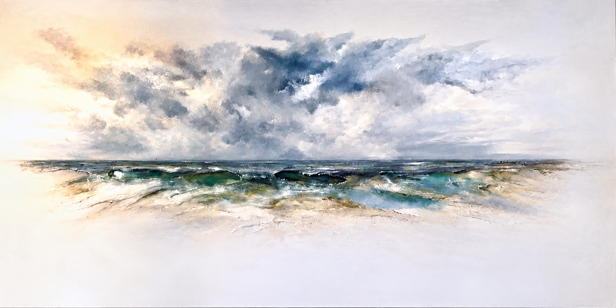 Ewaldi artwork: Fine grey-blue surf and a low blue-green sea horizon sit below broken grey clouds touched by warm pale light.