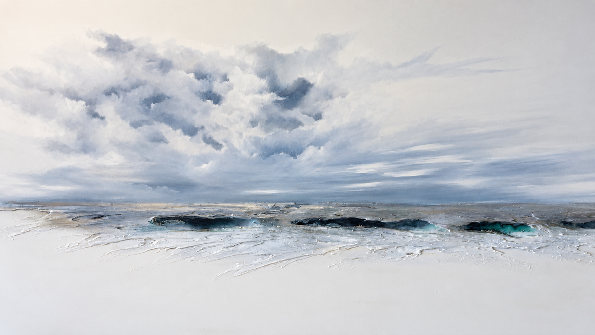 Ewaldi artwork: A broad, cloud-filled silver-blue sky hovers over a thin low ocean band.