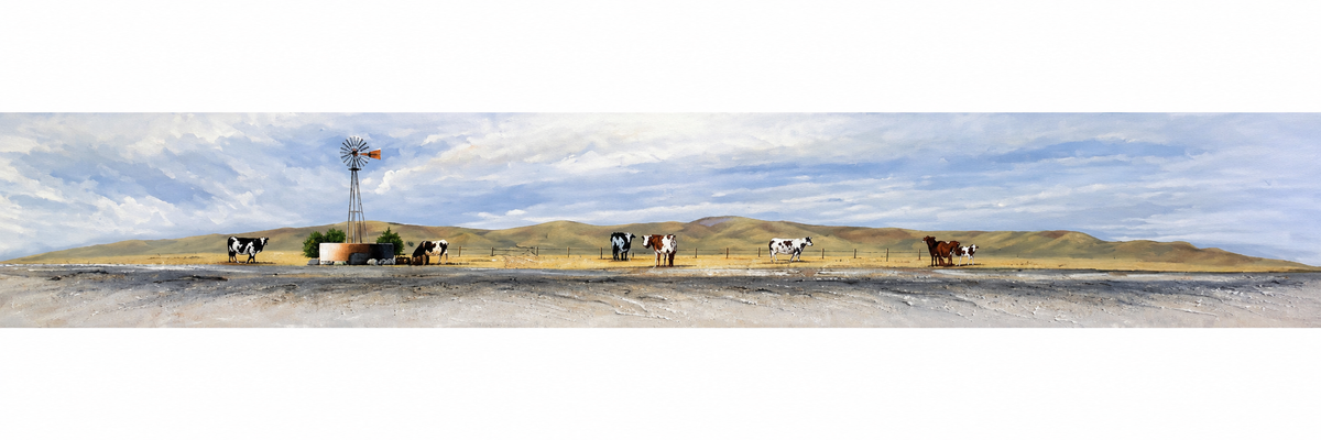 Ewaldi artwork: A very long low panorama shows a distant windpump near a small building with cattle scattered across golden.