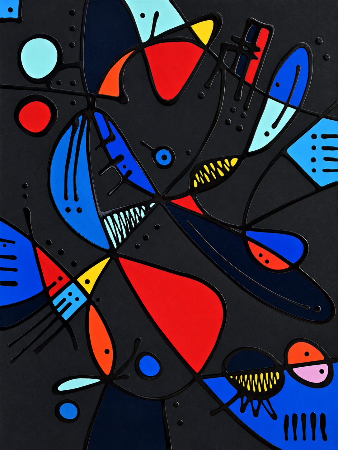 Ewaldi artwork: A dark vertical abstract with large fish-like shapes and curved black divisions filled with red, blue.