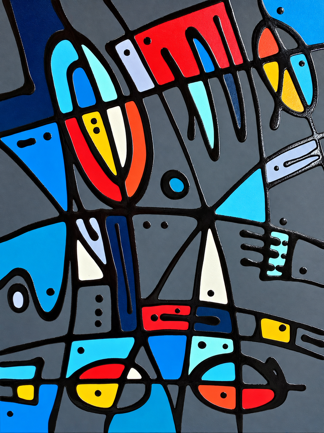 Ewaldi artwork: A tall charcoal geometric composition divided by bold black lines and filled with blocks of teal, red.