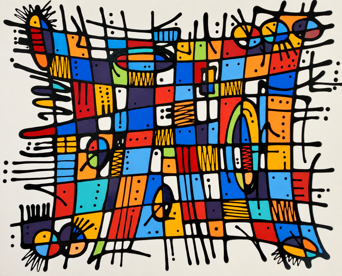 Ewaldi artwork: Dense black hand-drawn lines form an irregular geometric grid filled with bright red, blue.