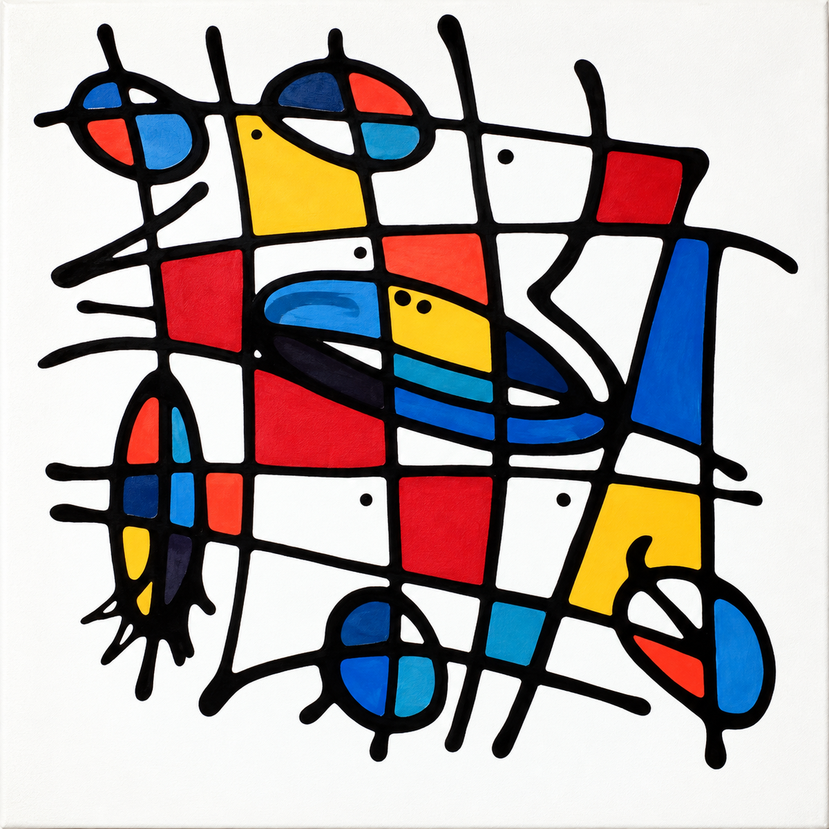 Ewaldi artwork: A compact square-like lattice of thick black lines, blue and red blocks.