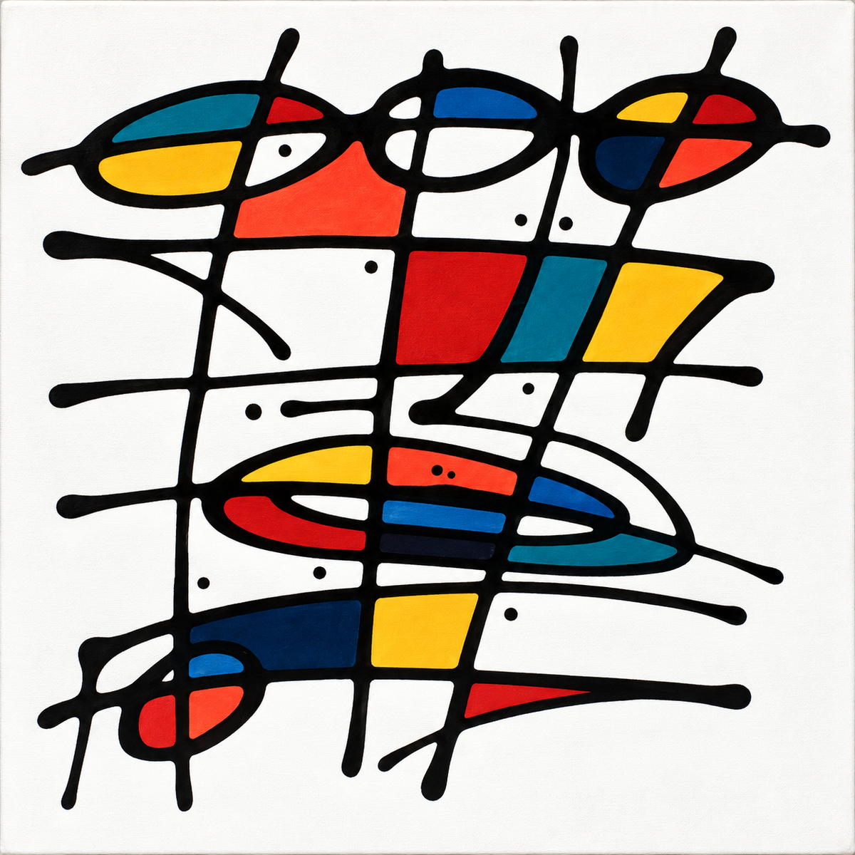 Ewaldi artwork: An airy network of looping black lines encloses blue and yellow ovals.
