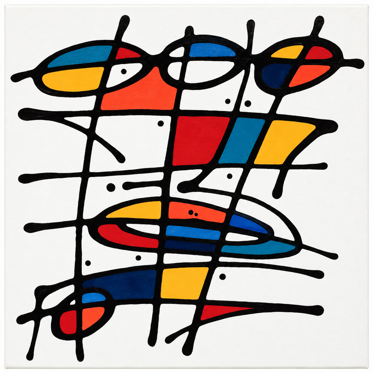 Ewaldi artwork: Loose horizontal and vertical black strokes divide an open square into coloured cells and oval.