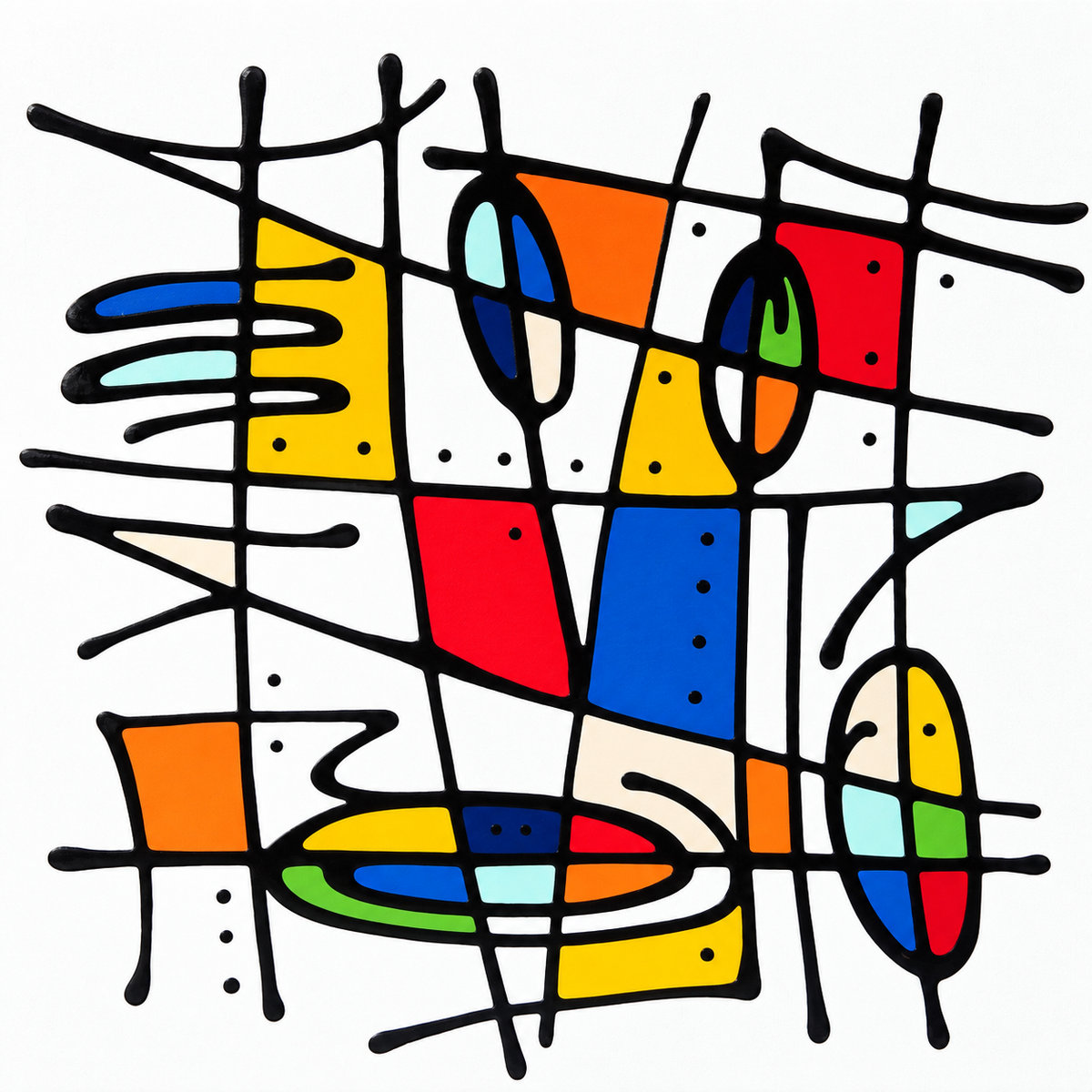 Ewaldi artwork: Open black gestural lines cross a white ground around widely spaced blue, red, orange and yellow blocks.