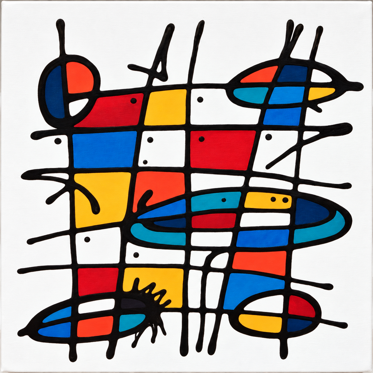 Ewaldi artwork: Thick black strokes make an upright lattice of coloured red.