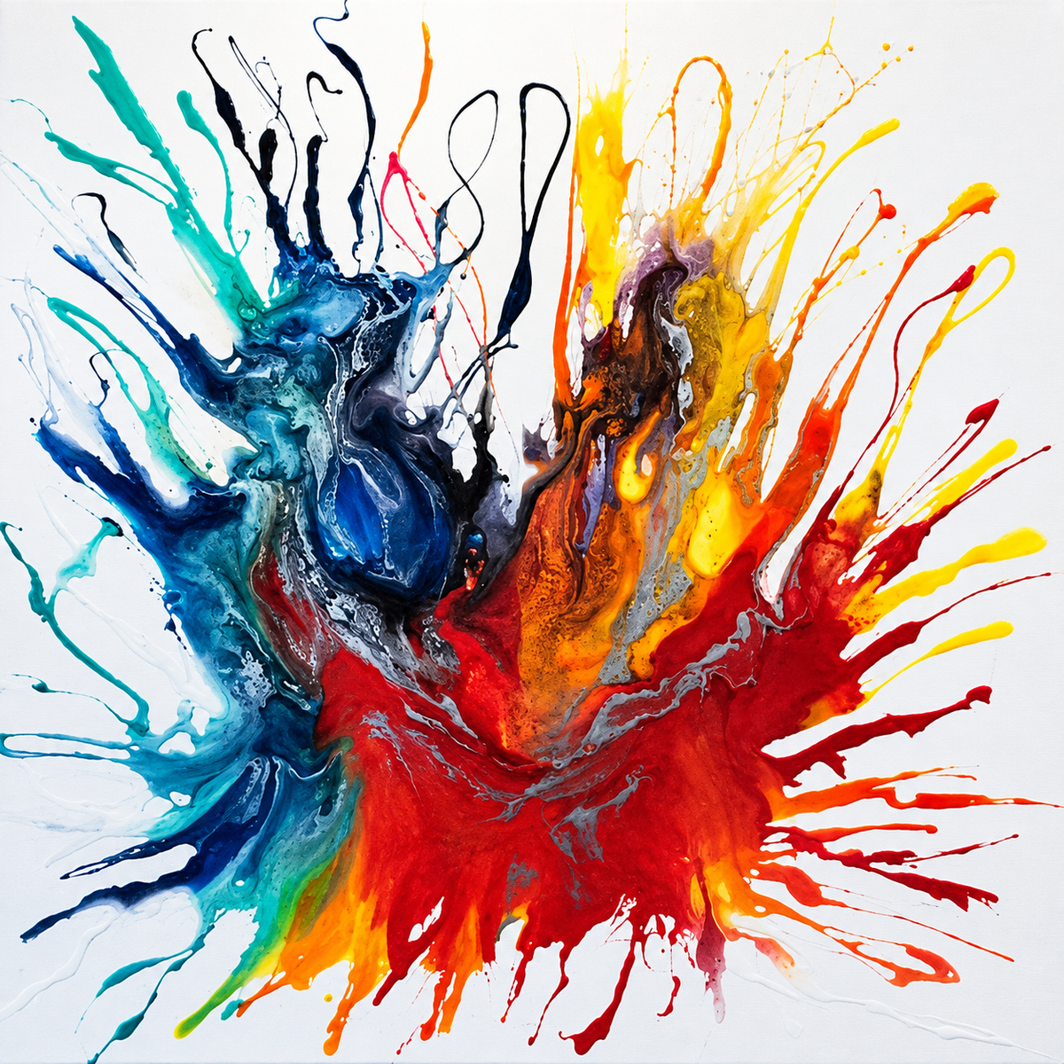 Ewaldi artwork: A fan-shaped eruption of thick red-orange and blue-green splashes opens outward from a dark central knot.