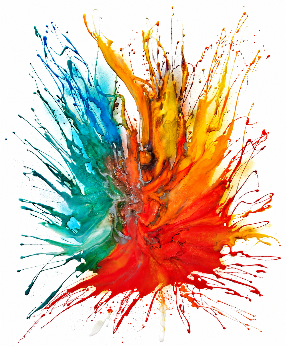 Ewaldi artwork: A tall multicolour splash rises from the lower edge, with yellow-orange jets on the right.