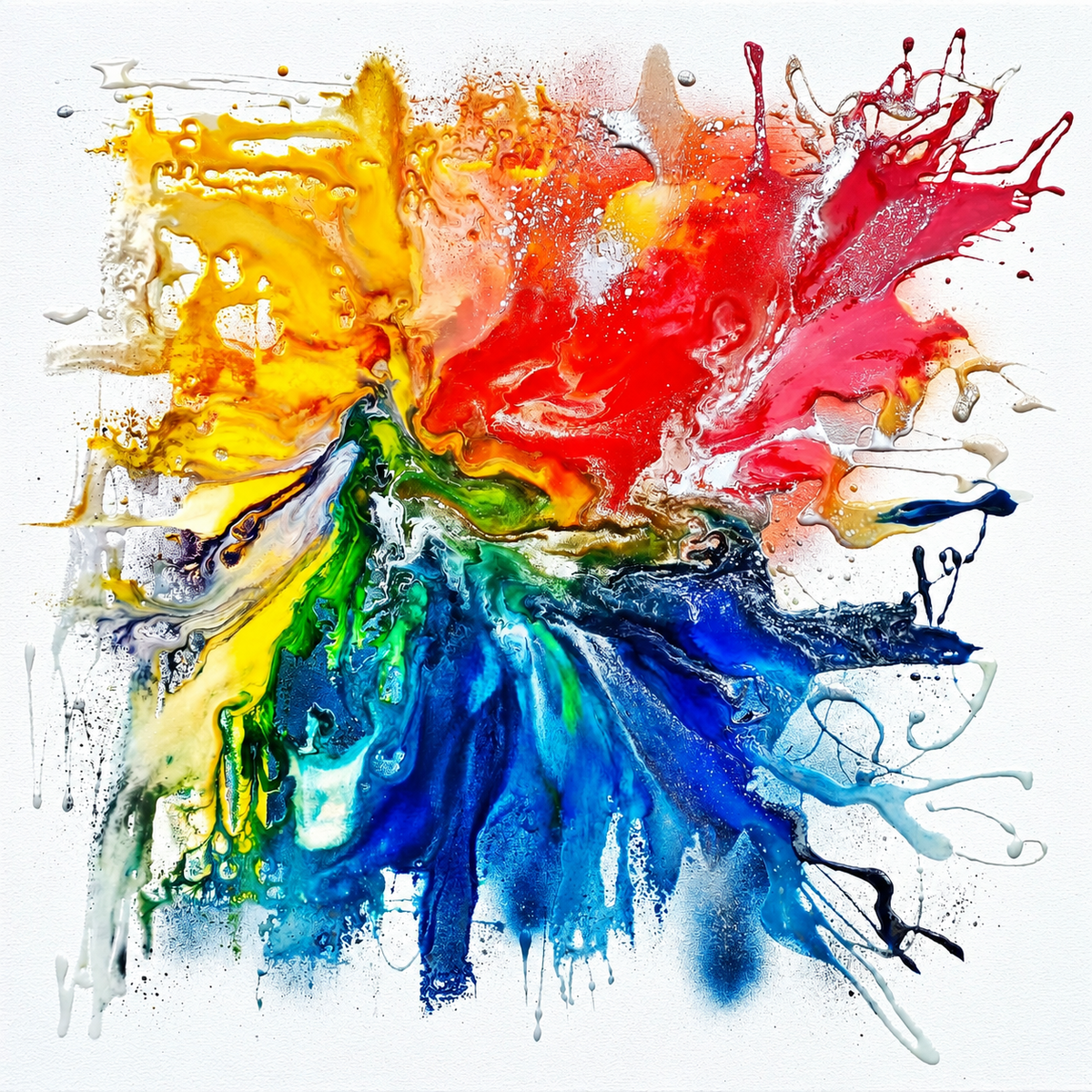 Ewaldi artwork: A loose fan of yellow and red liquid-looking pigment bursts outward over deep blue and green streaks.