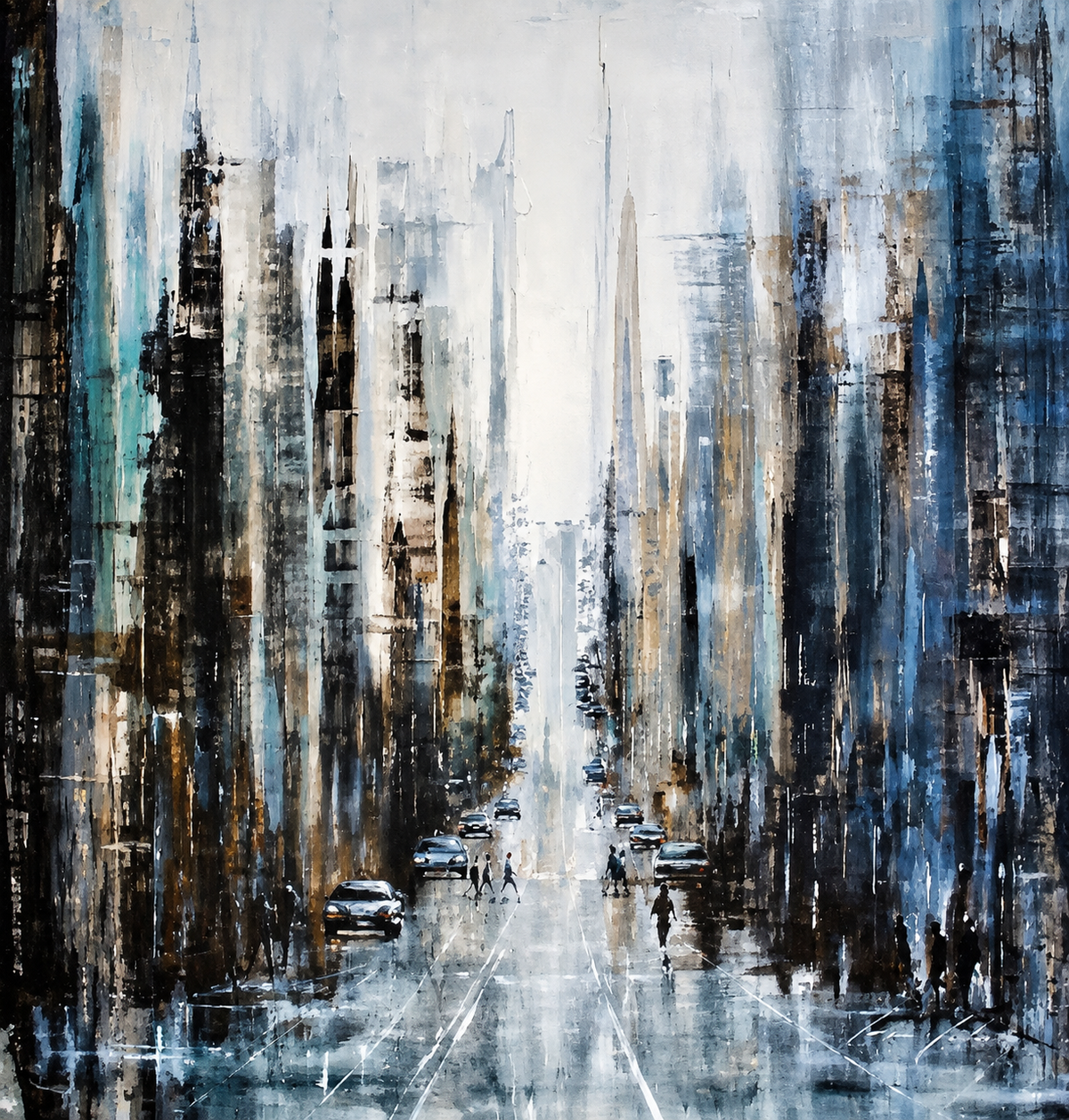 Ewaldi artwork: A rainy city street recedes between tall, shadowy buildings.