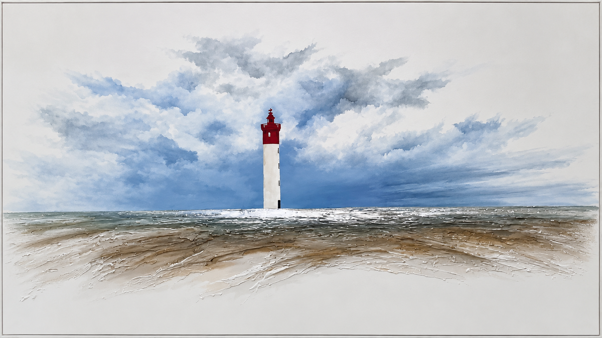 Ewaldi artwork: A very slender white lighthouse with red lantern cap stands above a dark low coast below billowing blue-grey.