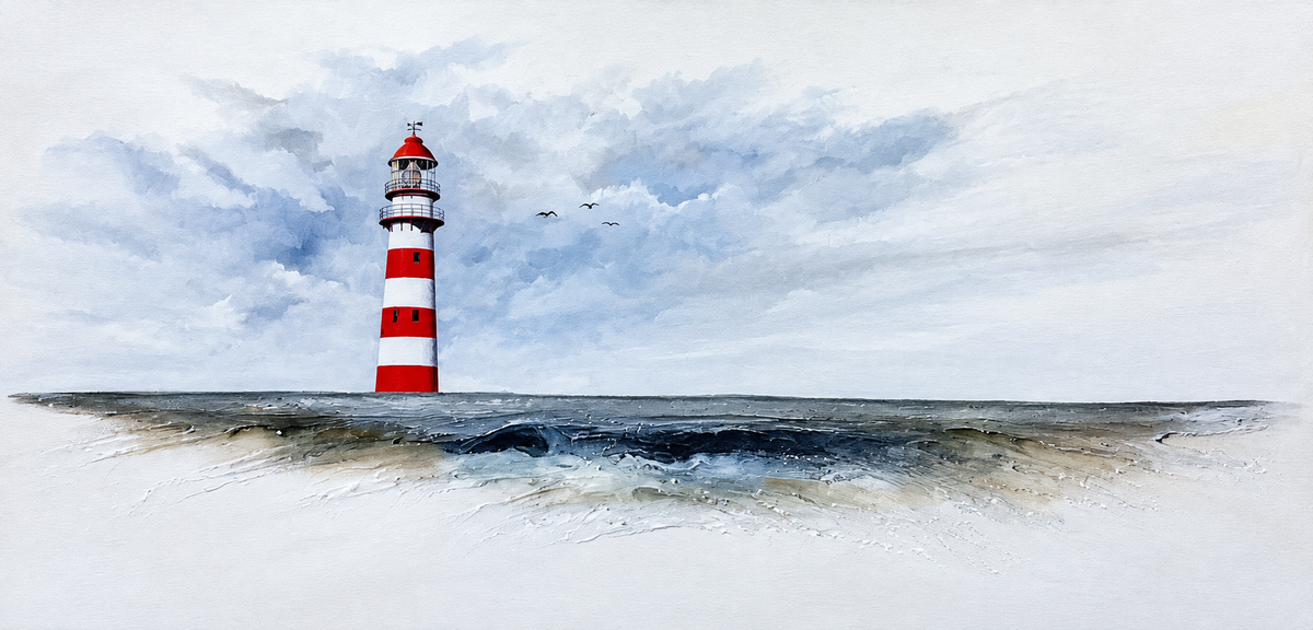 Ewaldi artwork: A tall red-and-white striped lighthouse rises at the edge of a calm blue-grey sea beneath light cloud.