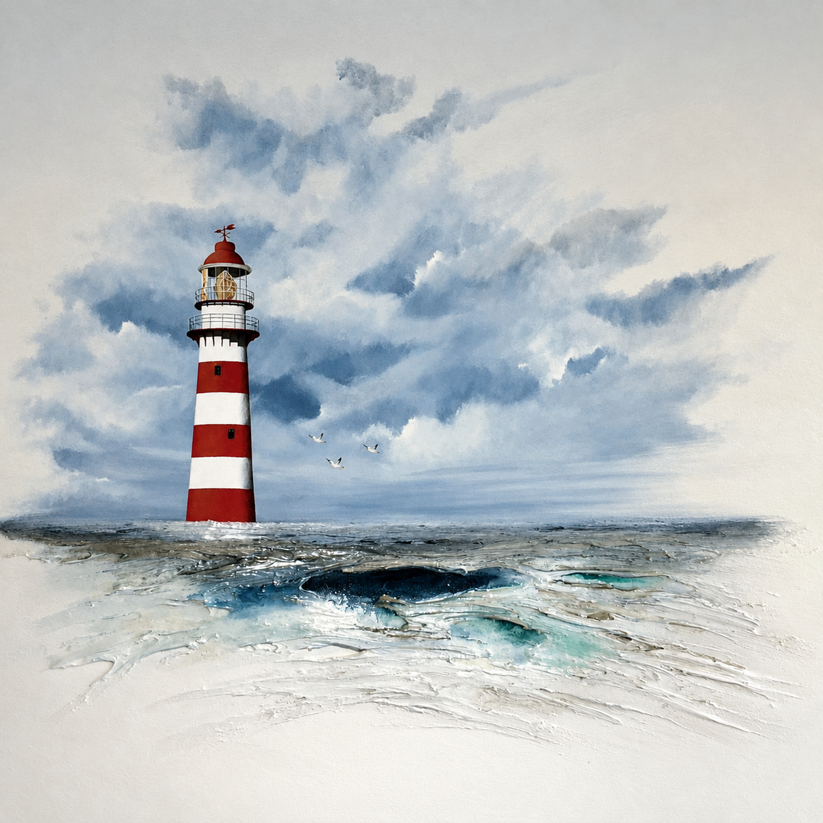 Ewaldi artwork: A red-and-white striped lighthouse stands on the edge of foaming surf as large blue-grey storm clouds billow.
