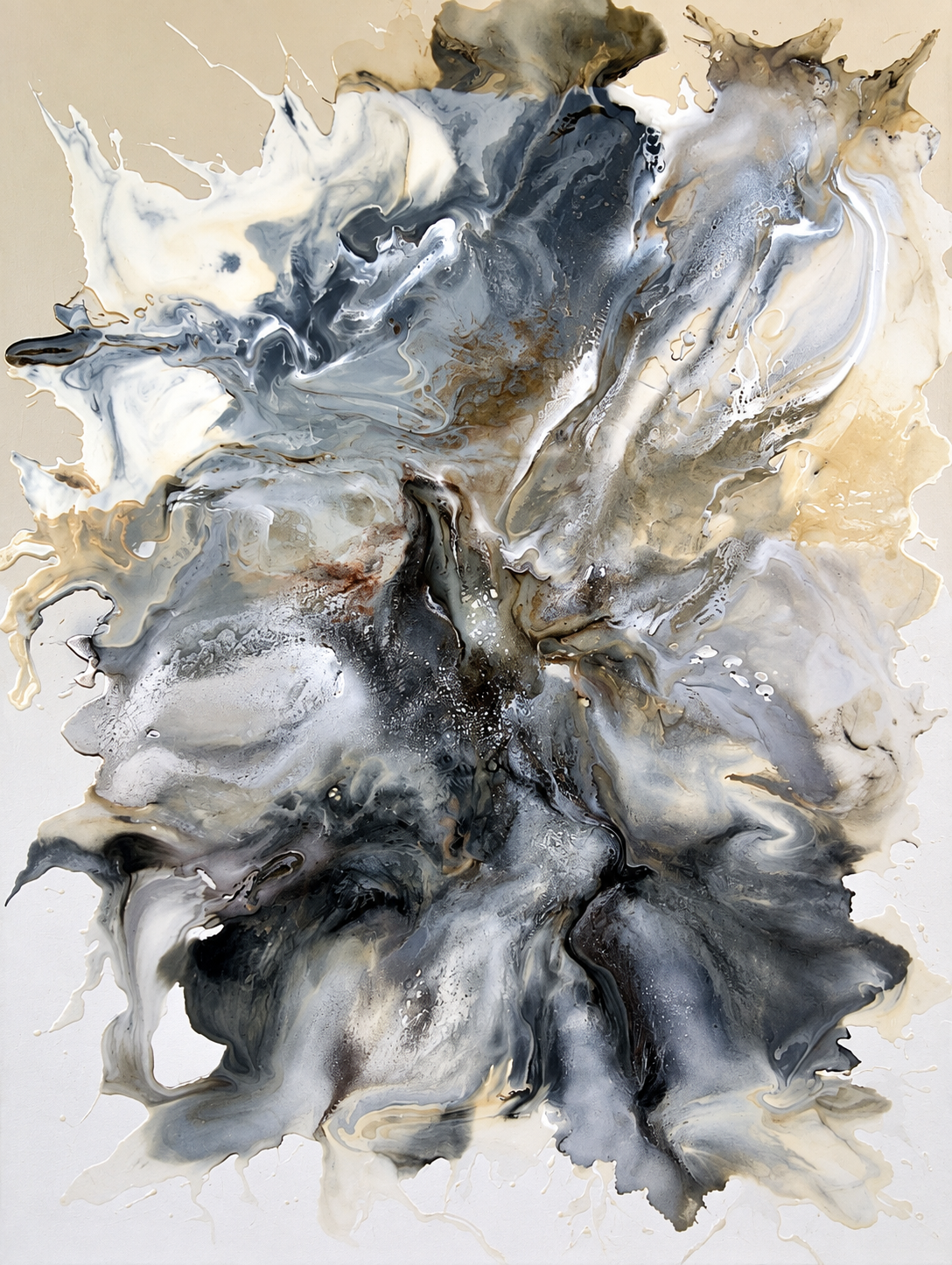 Ewaldi artwork: A dense central bloom of black and ash-grey pigment curls into marbled wisps.