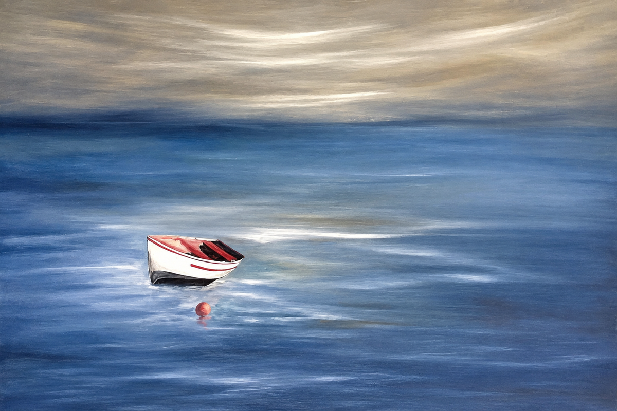 Ewaldi artwork: A tiny red-and-white boat floats alone on calm blue water beneath a broad.